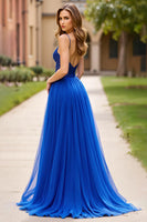 Load image into Gallery viewer, Royal Blue A Line V-Neck Long Prom Dress with Slit