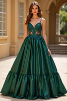 Load image into Gallery viewer, Dark Green Ball Gown Satin V-Neck Long Prom Dress