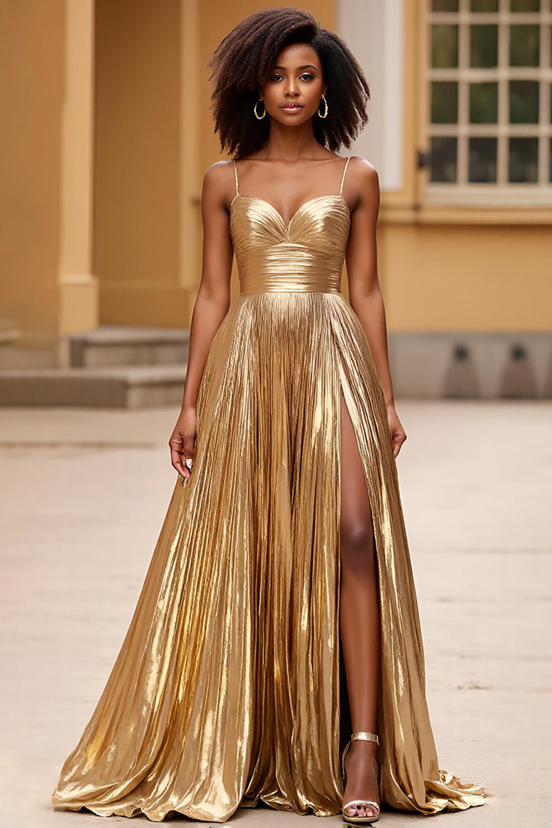 Load image into Gallery viewer, Women Sparkly Gold A Line Satin Long Prom Dress with Slit Backless Sweetheart Spaghetti Straps Formal Dress
