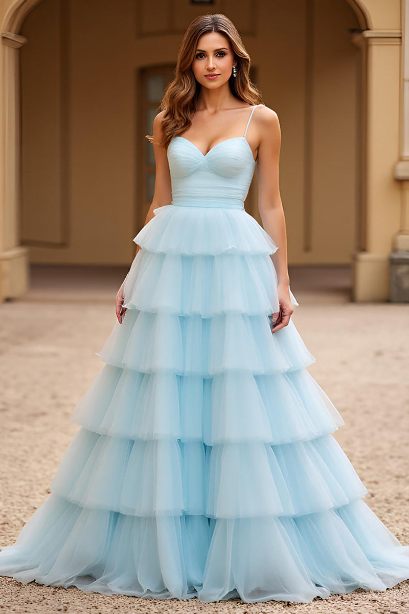 Load image into Gallery viewer, Sky Blue Ball Gown Tulle Tiered Sweetheart Long Prom Dress