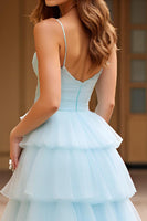 Load image into Gallery viewer, Sky Blue Ball Gown Tulle Tiered Sweetheart Long Prom Dress
