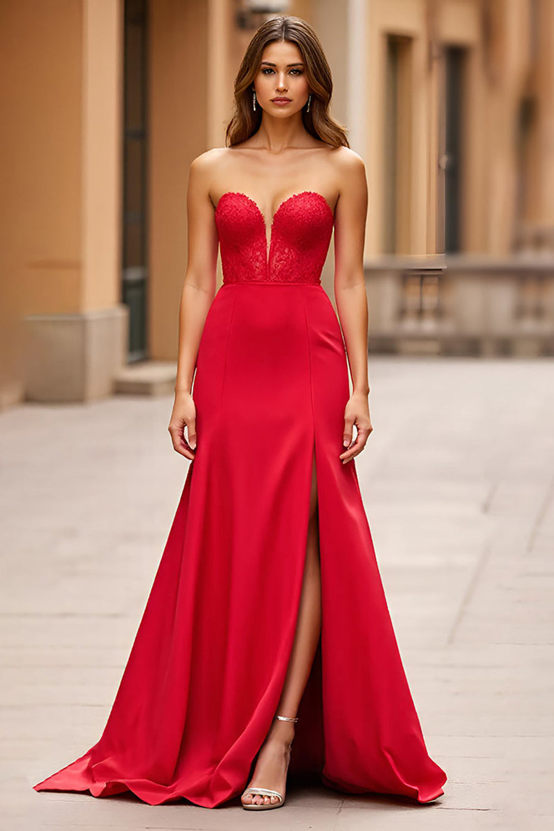 Load image into Gallery viewer, Red A Line Satin Strapless Long Prom Dress with Slit