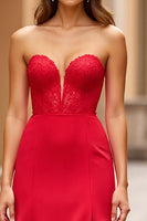 Load image into Gallery viewer, Red A Line Satin Strapless Long Prom Dress with Slit