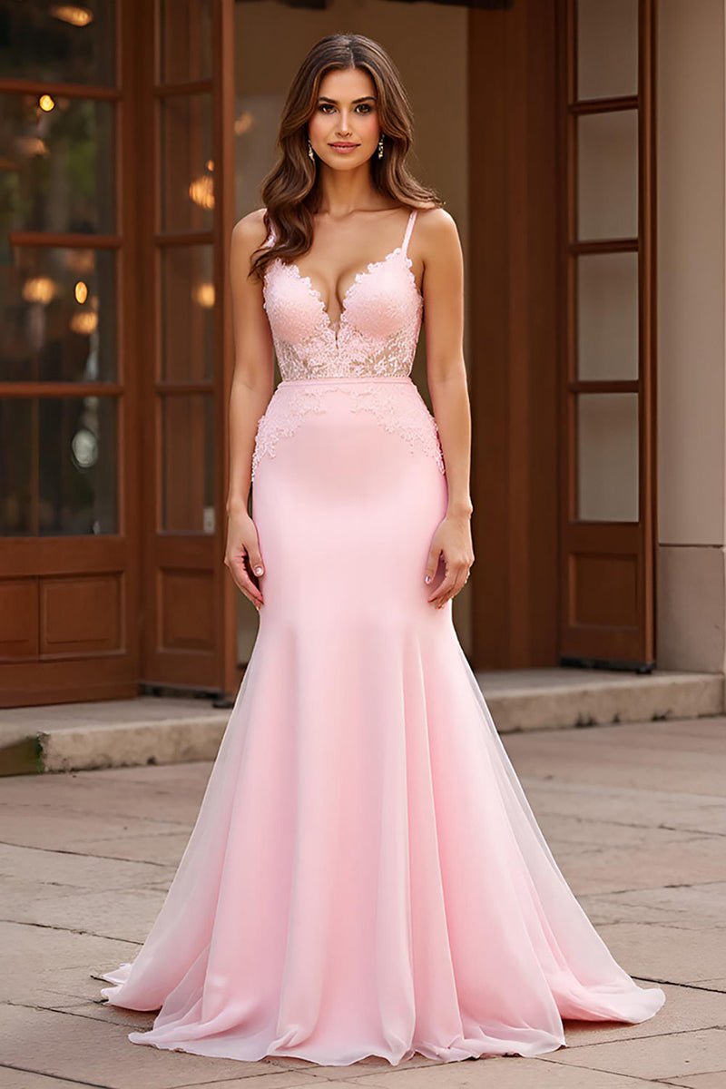 Load image into Gallery viewer, Pink Mermaid Spaghetti Straps Backless Long Prom Dress