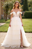 Load image into Gallery viewer, White A Line Backless Tulle Long Prom Dress with Slit