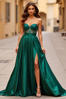 Load image into Gallery viewer, Dark Green A Line Satin Sweetheart Long Prom Dress with Slit