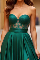 Load image into Gallery viewer, Dark Green A Line Satin Sweetheart Long Prom Dress with Slit