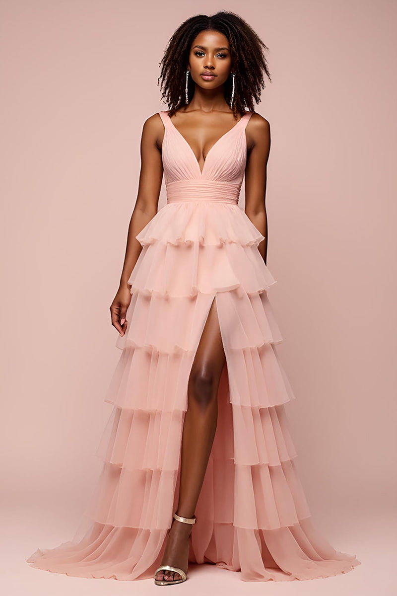 Load image into Gallery viewer, Pink Tulle A Line Tiered Backless Long Prom Dress with Slit