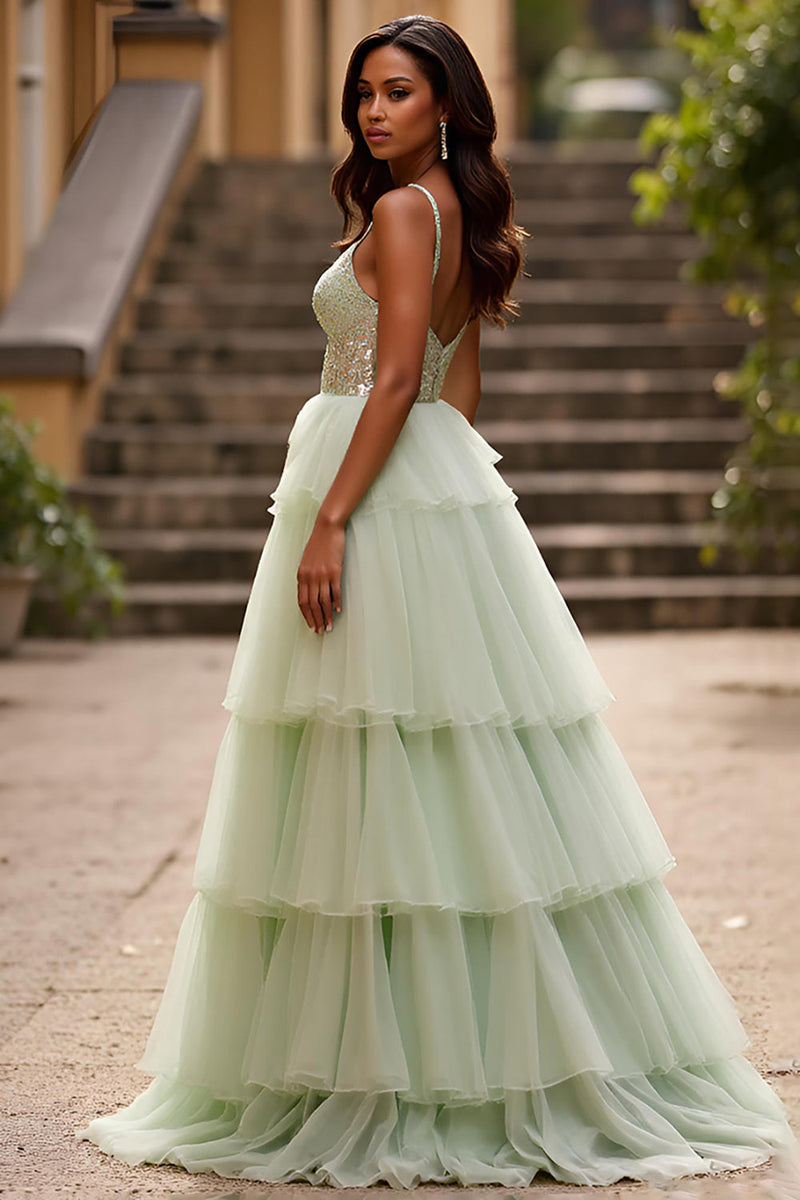 Load image into Gallery viewer, Light Green Tulle A Line V-Neck Tiered Long Prom Dress with Slit