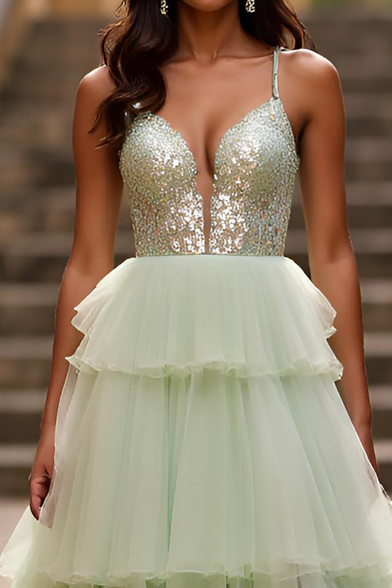 Load image into Gallery viewer, Light Green Tulle A Line V-Neck Tiered Long Prom Dress with Slit