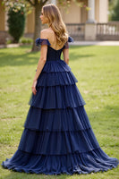 Load image into Gallery viewer, Navy A Line Tulle Off the Shoulder Long Prom Dress with Slit