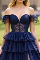 Load image into Gallery viewer, Navy A Line Tulle Off the Shoulder Long Prom Dress with Slit