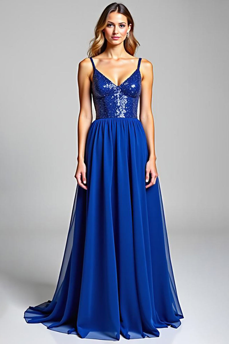 Load image into Gallery viewer, Royal Blue Chiffon A Line Backless Long Prom Dress