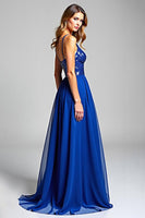 Load image into Gallery viewer, Royal Blue Chiffon A Line Backless Long Prom Dress