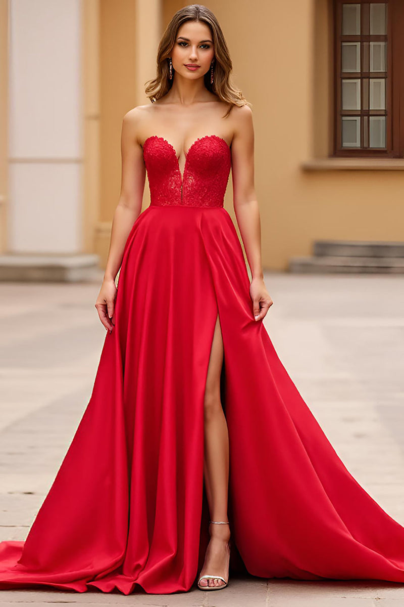 Load image into Gallery viewer, Red A Line Sweetheart Long Prom Dress with Slit