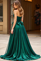 Load image into Gallery viewer, Dark Green A Line Satin Strapless Long Prom Dress with Bow