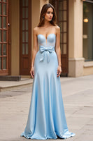 Load image into Gallery viewer, Sky Blue A Line Satin Strapless Bowknot Long Prom Dress
