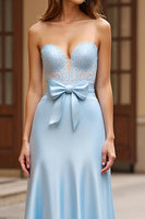 Load image into Gallery viewer, Sky Blue A Line Satin Strapless Bowknot Long Prom Dress