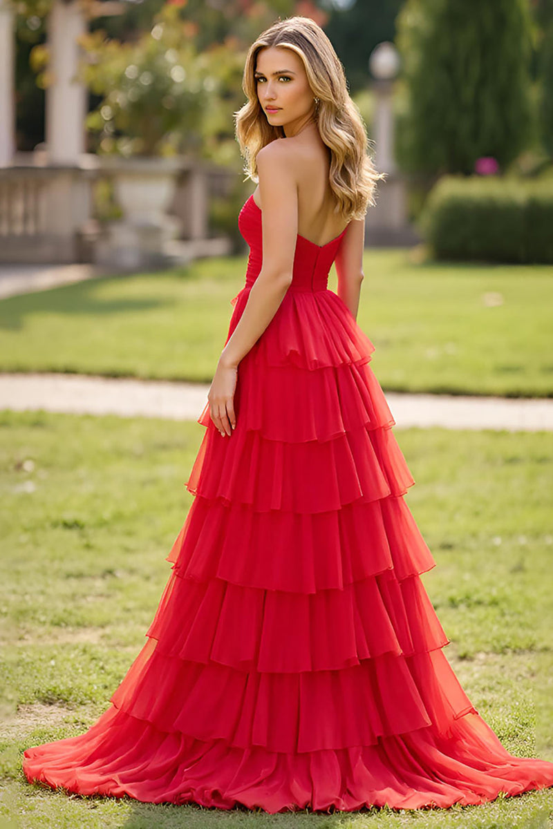 Load image into Gallery viewer, Red A Line Tulle Strapless Tiered Long Prom Dress with Slit
