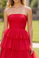 Load image into Gallery viewer, Red A Line Tulle Strapless Tiered Long Prom Dress with Slit