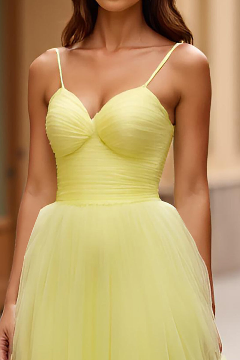 Load image into Gallery viewer, Yellow A Line Tulle V-Neck Long Prom Dress