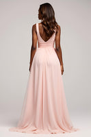 Load image into Gallery viewer, Pink A Line Chiffon Backless Long Prom Dress with Slit