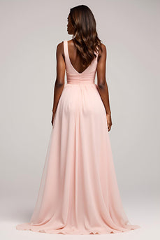 Pink A Line Chiffon Backless Long Prom Dress with Slit