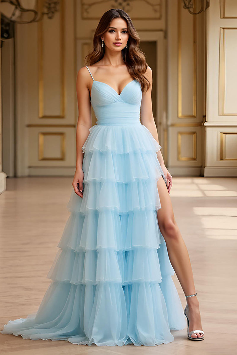 Load image into Gallery viewer, Sky Blue A Line Tulle Tiered Backless Long Prom Dress with Slit