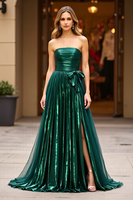 Load image into Gallery viewer, Sparkly Dark Green Satin A Line Strapless Long Prom Dress with Slit