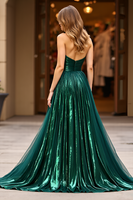 Load image into Gallery viewer, Sparkly Dark Green Satin A Line Strapless Long Prom Dress with Slit