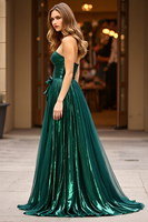 Load image into Gallery viewer, Sparkly Dark Green Satin A Line Strapless Long Prom Dress with Slit