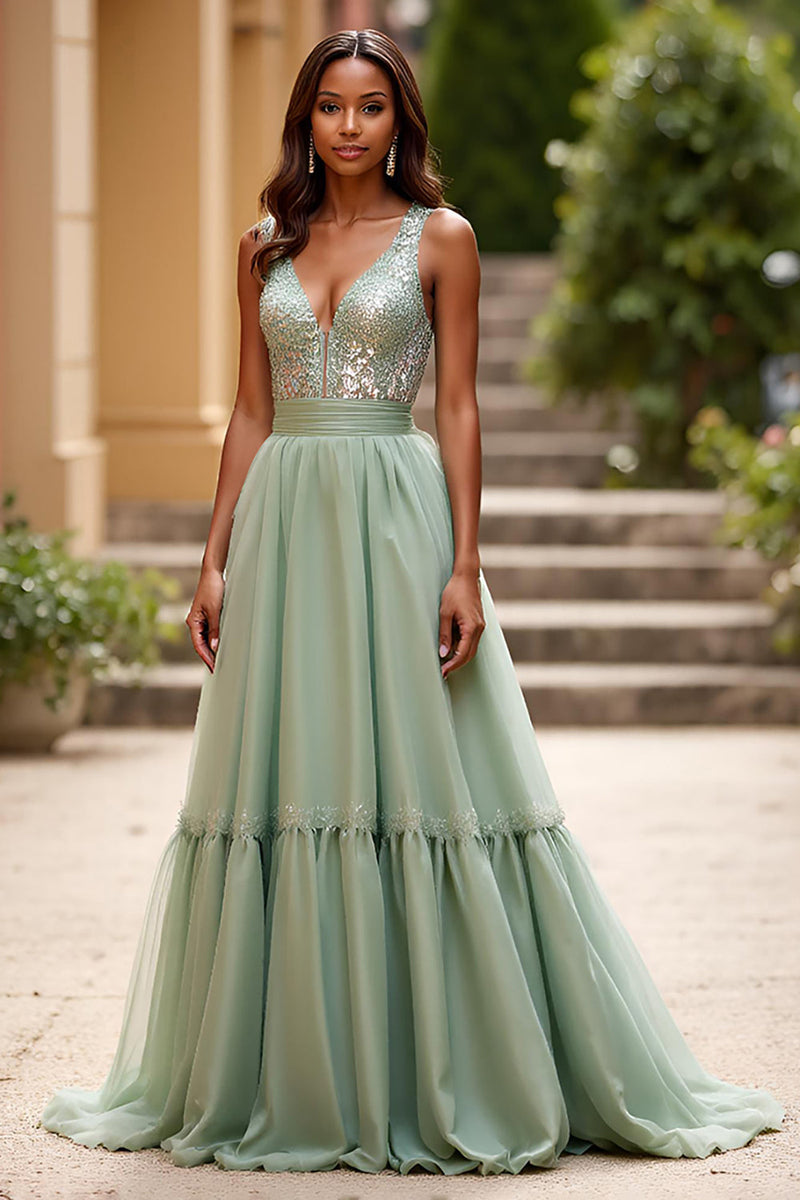 Load image into Gallery viewer, Dusty Sage A Line V-Neck Backless Long Prom Dress with Sequins