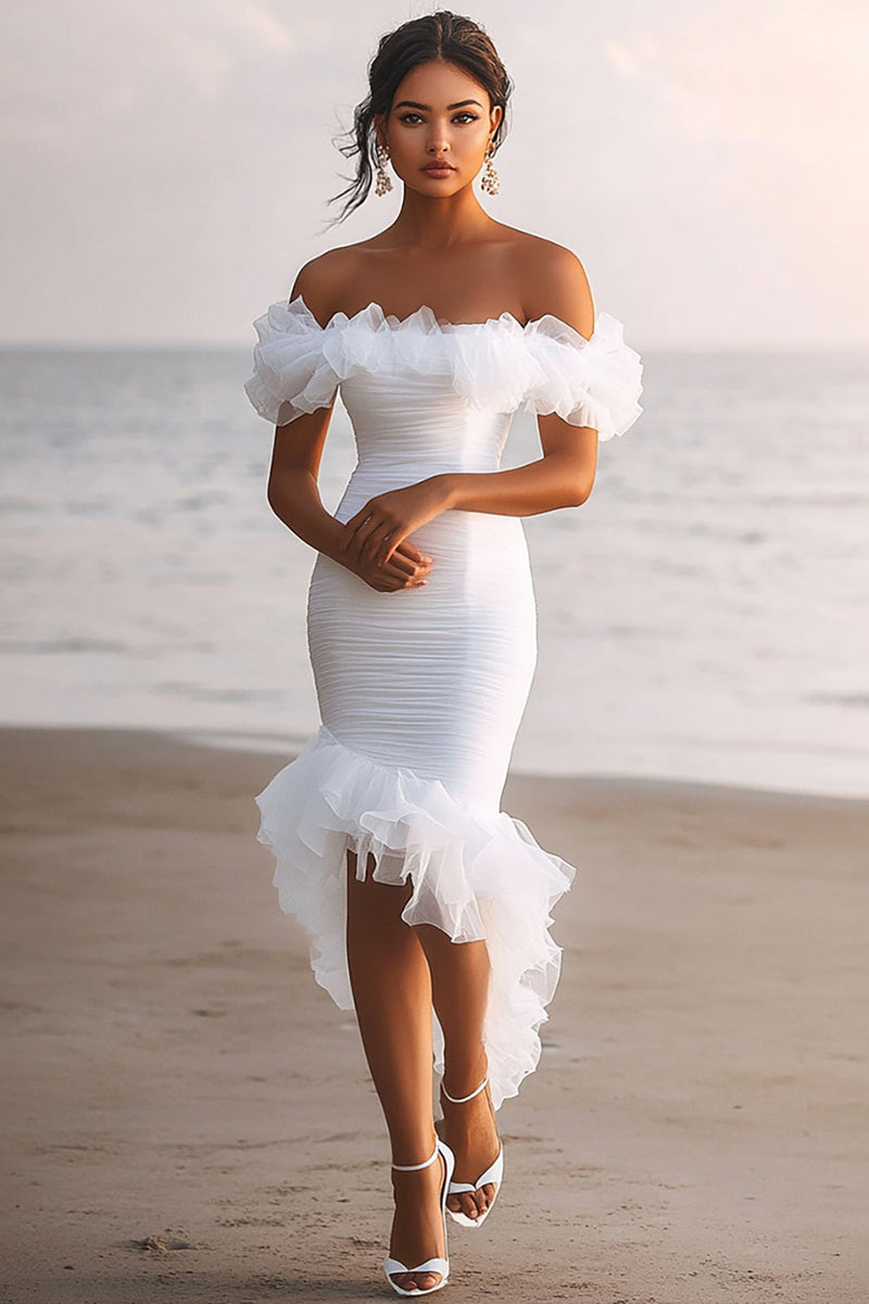 Load image into Gallery viewer, White Sheath Tulle Off the Shoulder Ruched Graduation Dress with Ruffles