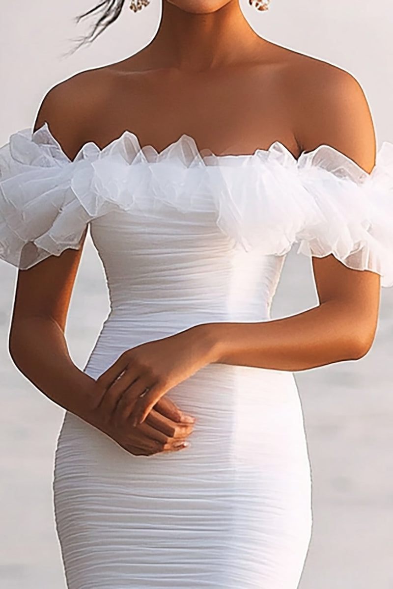 Queendancer Women White Sheath Tulle Graduation Dress with Ruffles Off the Shoulder Ruched Long Engagement Dress queendanceruk Queendancer Women White Sheath Tulle Graduation Dress with Ruffles Off the Shoulder Ruched Long Engagement Dress queendanceruk