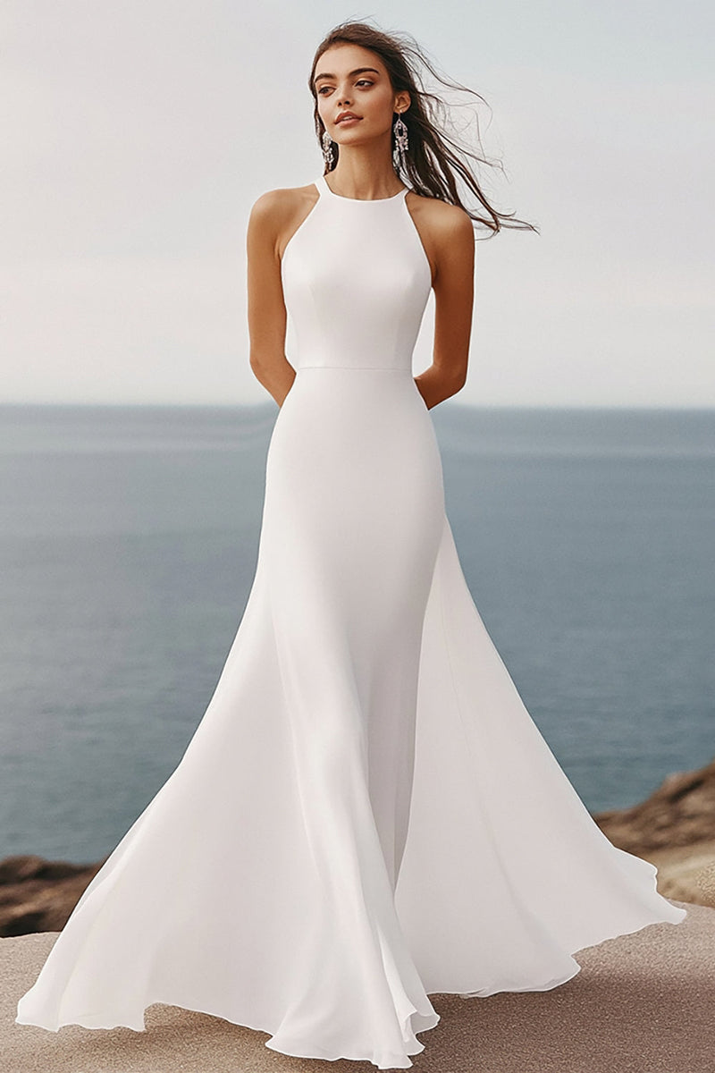 Load image into Gallery viewer, White A Line Chiffon Halter Neck Long Engagement Dress