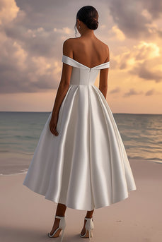 White A Line Satin Off the Shoulder Sweetheart Long Graduation Dress
