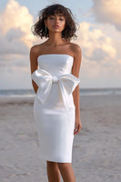 Load image into Gallery viewer, White Bodycon Satin Strapless Long Graduation Dress with Bow