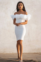 Load image into Gallery viewer, White Bodycon Satin Off the Shoulder Long Graduation Dress with Ruffles