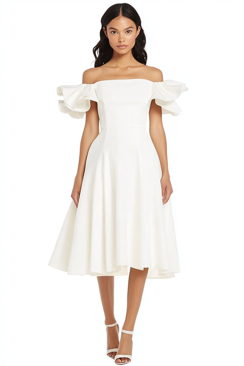 Load image into Gallery viewer, Women White A Line Satin Bridal Shower Dress with Ruffles Off the Shoulder Engagement Dress