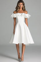 Load image into Gallery viewer, Women White A Line Satin Midi Wedding Dress with Ruffles Off the Shoulder Engagement Dress