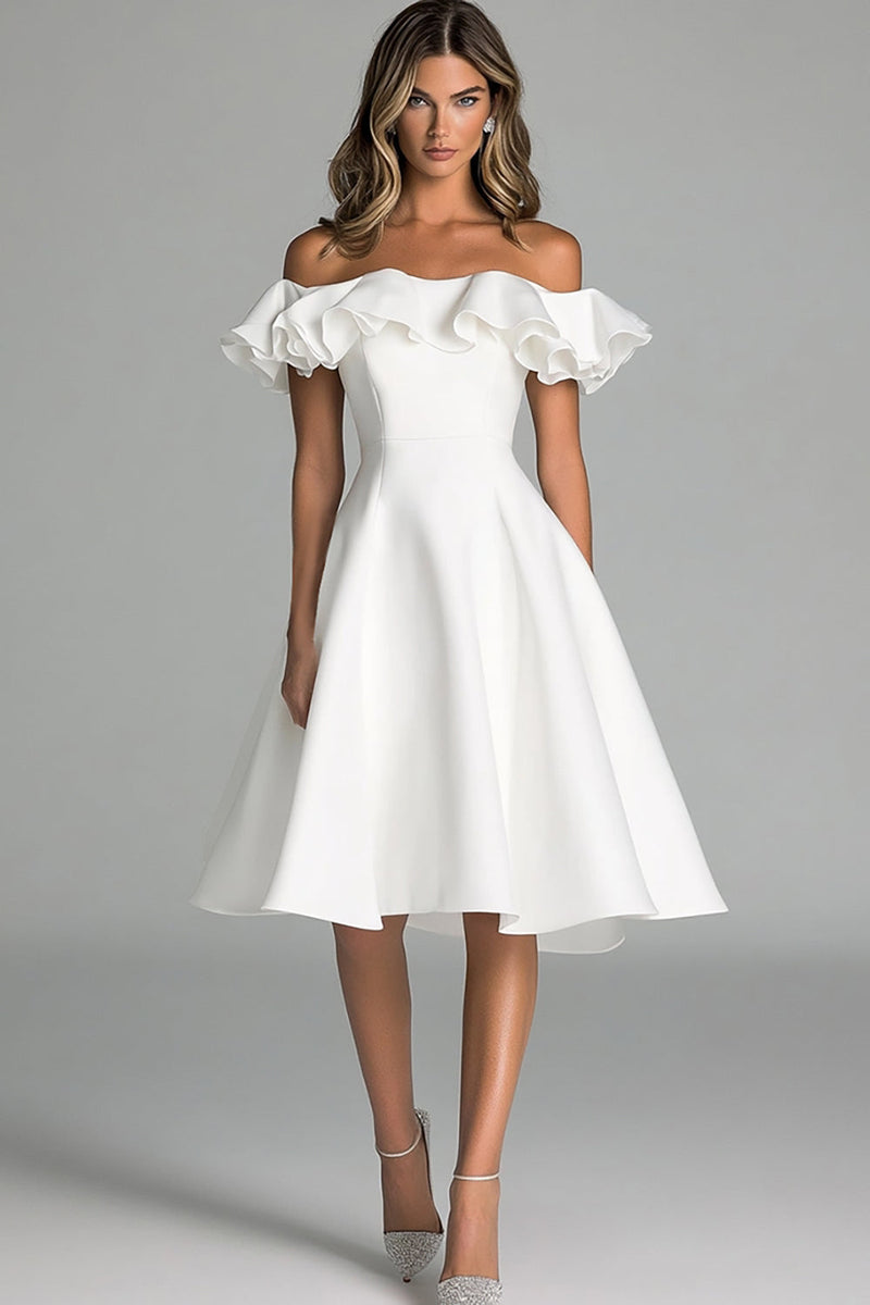 Load image into Gallery viewer, Women White A Line Satin Midi Wedding Dress with Ruffles Off the Shoulder Engagement Dress