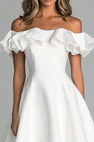 Load image into Gallery viewer, White A Line Satin Off the Shoulder Midi Wedding Dress with Ruffles
