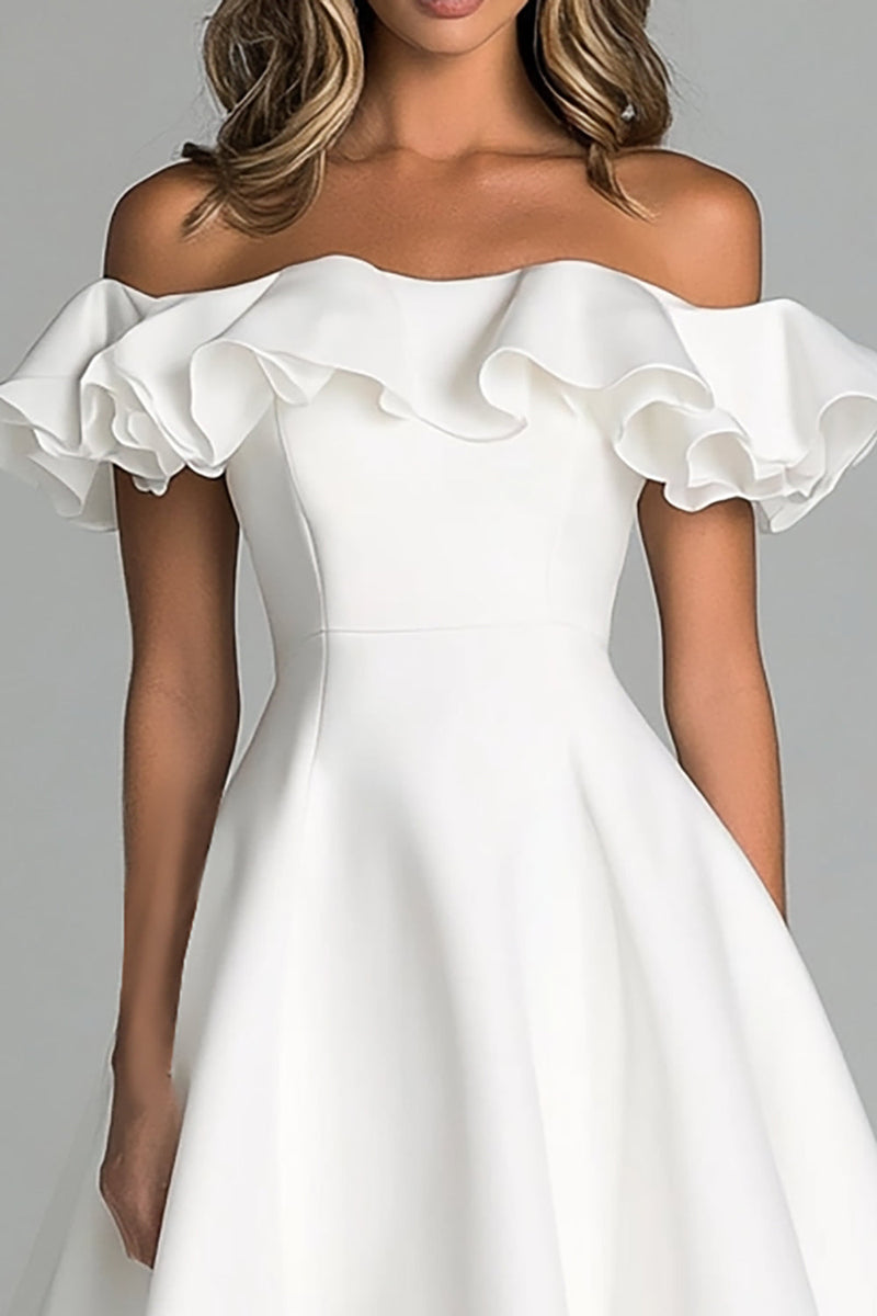 Load image into Gallery viewer, White A Line Satin Off the Shoulder Midi Wedding Dress with Ruffles