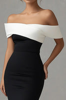 Load image into Gallery viewer, Off the Shoulder White Satin Long Black Tie Dress with Slit