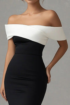 Off the Shoulder White Satin Long Black Tie Dress with Slit
