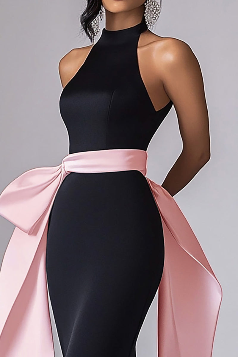 Load image into Gallery viewer, Halter Long Black Tie Dress with Pink Streamer