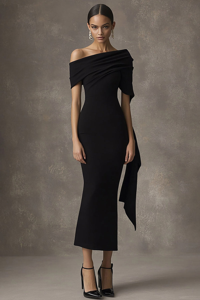 Load image into Gallery viewer, Sheath Off the Shoulder Long Black Tie Dress