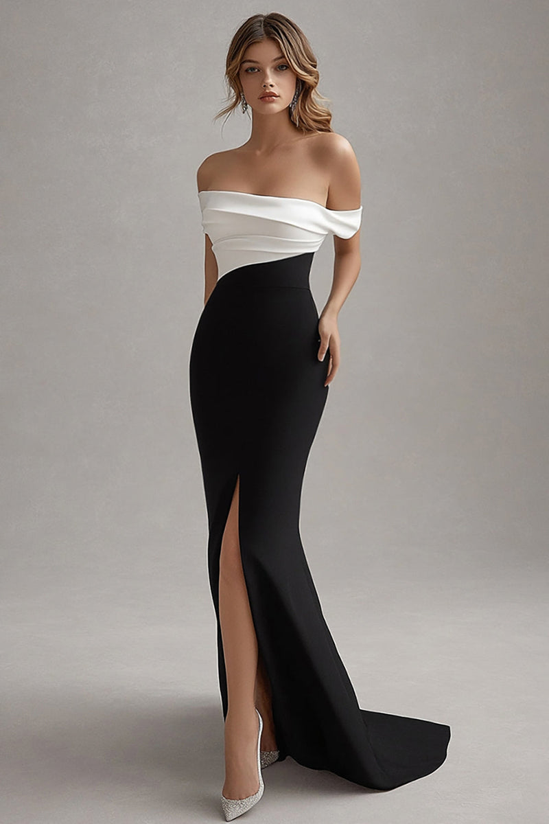 Load image into Gallery viewer, White Long Off the Shoulder Sheath Black Tie Dress with Slit