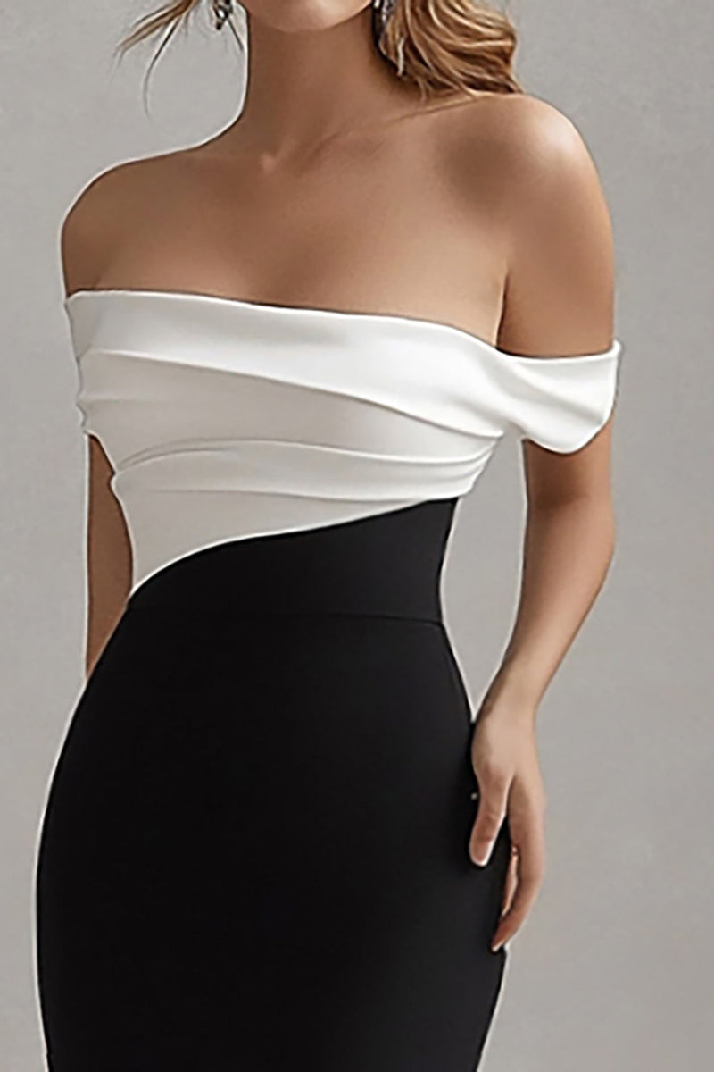 Load image into Gallery viewer, White Long Off the Shoulder Sheath Black Tie Dress with Slit
