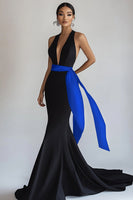 Load image into Gallery viewer, Royal Blue Sleeveless Long Deep V-Neck Black Tie Dress